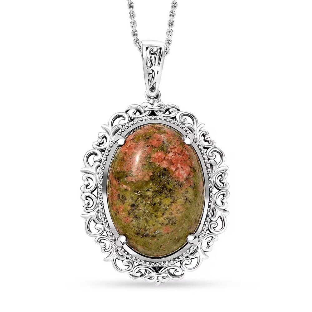 Unakite Gemstone Pendant in Platinum Bond with 20" Stainless Steel Chain